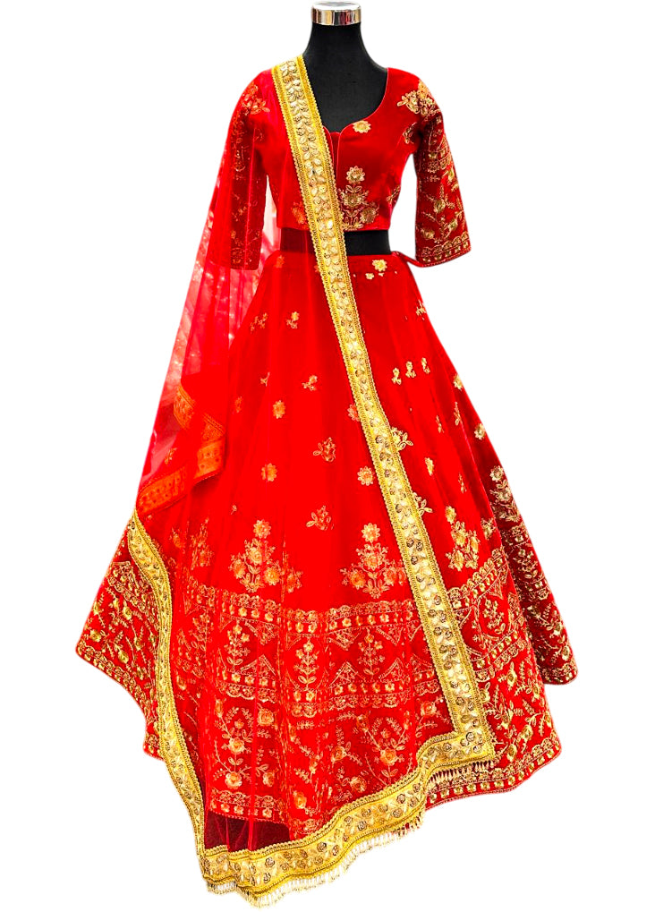 Velvet Lehenga Choli Golden-Red